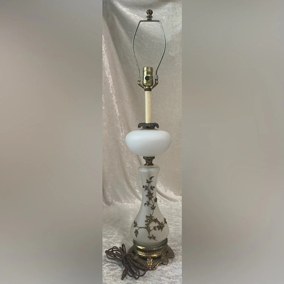 Vintage MCM Hollywood Regency Style White Glass Brass Decor Table Lamp Base